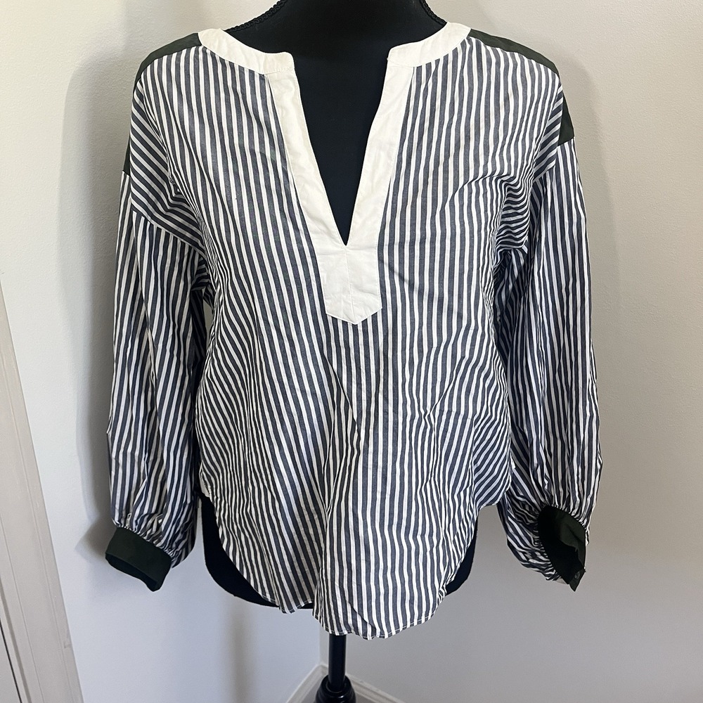Loft Striped V-Neck Blouse with Olive Trim - Women Sz XS